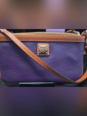 Dooney & Bourke Purple Pebbled Leather Wristlet with Tan Trim